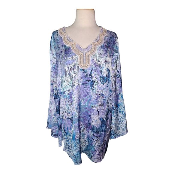 Susan Graver Artisan Beaded V-Neck Tunic Top in Floral Pattern Size Large - Picture 1 of 10